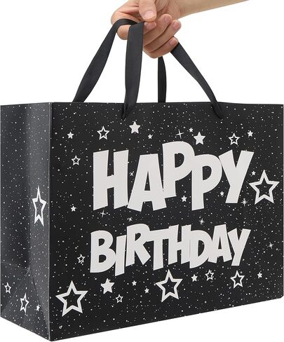 13'' Large Black Birthday Gift Bag Set with Handles, Greeting Card, White Tissue Papers and Stickers for Men Boys Kids Teens for Birthday Party, Baby Shower, Stars Design, 1 Pcs in Saudi Arabia