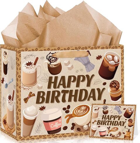 Innovoscape Coffee Happy Birthday Gift Bag Espresso Coffee Favor Bag with Tissue Paper Card Latte Treat Goodie Bag for Baby Shower Birthday Espresso Theme Party Supplies in Saudi Arabia