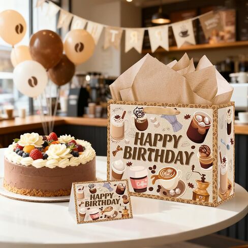 Innovoscape Coffee Happy Birthday Gift Bag Espresso Coffee Favor Bag with Tissue Paper Card Latte Treat Goodie Bag for Baby Shower Birthday Espresso Theme Party Supplies in Saudi Arabia