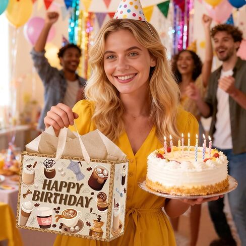 Innovoscape Coffee Happy Birthday Gift Bag Espresso Coffee Favor Bag with Tissue Paper Card Latte Treat Goodie Bag for Baby Shower Birthday Espresso Theme Party Supplies in Saudi Arabia