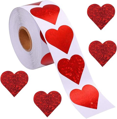 500Pcs Valentines Stickers Roll - Laser Red Heart Shape Self-Adhesive Sealing Stickers, Red Sparkly Waterproof Decals for Valentines Party Envelope Scrapbook Decor in Saudi Arabia