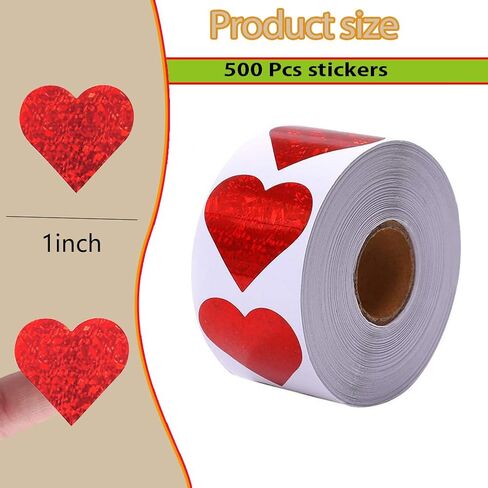 500Pcs Valentines Stickers Roll - Laser Red Heart Shape Self-Adhesive Sealing Stickers, Red Sparkly Waterproof Decals for Valentines Party Envelope Scrapbook Decor in Saudi Arabia