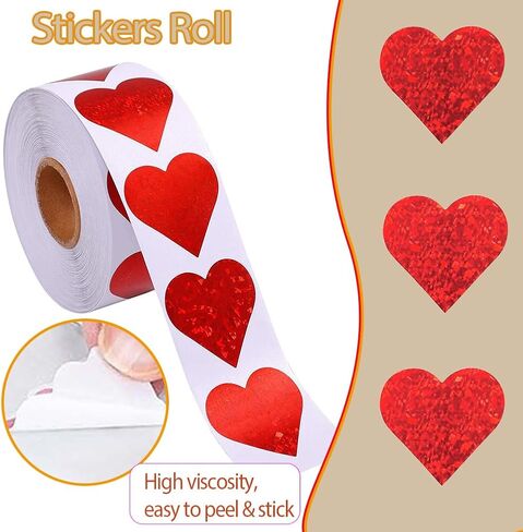 500Pcs Valentines Stickers Roll - Laser Red Heart Shape Self-Adhesive Sealing Stickers, Red Sparkly Waterproof Decals for Valentines Party Envelope Scrapbook Decor in Saudi Arabia