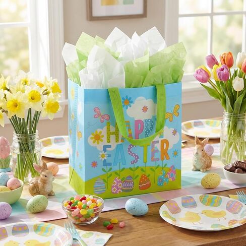 SUNCOLOR Easter Gift Bags, 6 Pack Non-Woven Tote Bags with Bunny Design, 9x9x4.7 Inch, Reusable Party Supplies for Kids Egg Hunt Games in Saudi Arabia