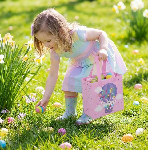 SUNCOLOR Easter Gift Bags, 6 Pack Non-Woven Tote Bags with Bunny Design, 9x9x4.7 Inch, Reusable Party Supplies for Kids Egg Hunt Games in Saudi Arabia