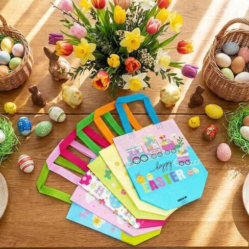 SUNCOLOR Easter Gift Bags, 6 Pack Non-Woven Tote Bags with Bunny Design, 9x9x4.7 Inch, Reusable Party Supplies for Kids Egg Hunt Games in Saudi Arabia
