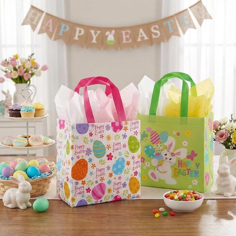 SUNCOLOR Easter Gift Bags, 6 Pack Non-Woven Tote Bags with Bunny Design, 9x9x4.7 Inch, Reusable Party Supplies for Kids Egg Hunt Games in Saudi Arabia