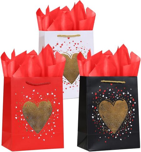 cmsshuai 3pack 9 "أكياس هدايا عيد الحب، أكياس عيد الحب الصغيرة المتوسطة مع المناديل الورقية للأم الأب صديقة صديقها زميل العمل، أكياس هدية ورقة عيد الحب للرجال لها النساء in Saudi Arabia
