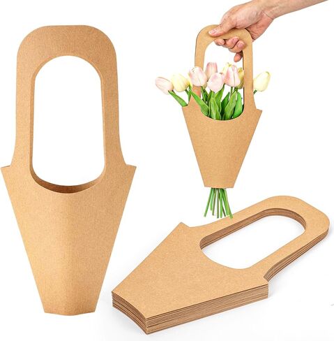 Lesnala 16Pcs Kraft Paper Flower Gift Bags with Handle Cone Shaped Bouquet Basket for Wedding Birthday Valentines Day Bar Shop Wrapping Supplies in Saudi Arabia
