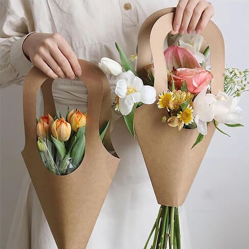 Lesnala 16Pcs Kraft Paper Flower Gift Bags with Handle Cone Shaped Bouquet Basket for Wedding Birthday Valentines Day Bar Shop Wrapping Supplies in Saudi Arabia