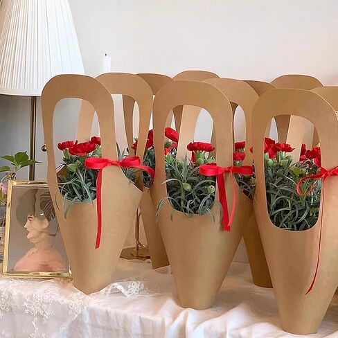 Lesnala 16Pcs Kraft Paper Flower Gift Bags with Handle Cone Shaped Bouquet Basket for Wedding Birthday Valentines Day Bar Shop Wrapping Supplies in Saudi Arabia