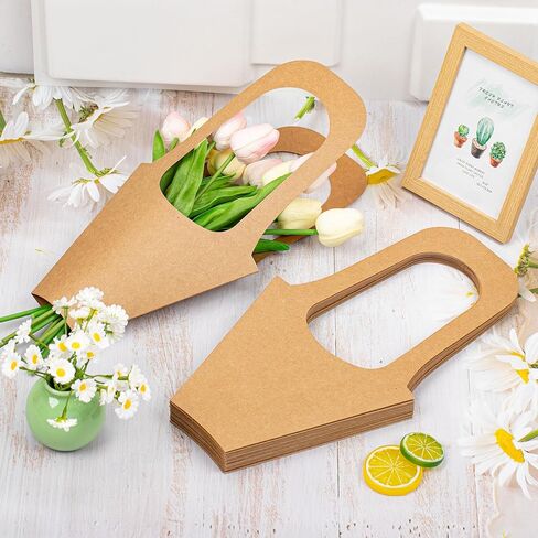 Lesnala 16Pcs Kraft Paper Flower Gift Bags with Handle Cone Shaped Bouquet Basket for Wedding Birthday Valentines Day Bar Shop Wrapping Supplies in Saudi Arabia