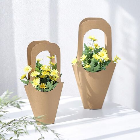 Lesnala 16Pcs Kraft Paper Flower Gift Bags with Handle Cone Shaped Bouquet Basket for Wedding Birthday Valentines Day Bar Shop Wrapping Supplies in Saudi Arabia