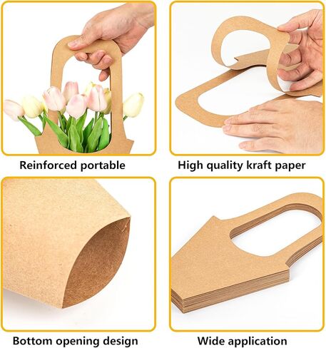 Lesnala 16Pcs Kraft Paper Flower Gift Bags with Handle Cone Shaped Bouquet Basket for Wedding Birthday Valentines Day Bar Shop Wrapping Supplies in Saudi Arabia