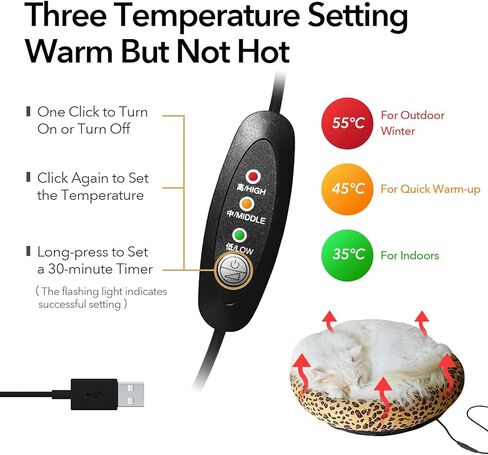 سرير تدفئة USB للقطط والكلاب الصغيرة - وسادة تسخين آمنة 5 فولت مع تحكم في 3 درجات حرارة، قابل للغسل، سرير تدفئة للحيوانات الأليفة داخلي/خارجي مدعوم ببطارية بنك الطاقة/السيارة/الجدار (أسود) in Kuwait