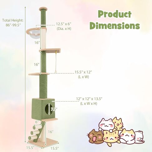 Tangkula Floor to Ceiling Cat Tree, 5 Tier Tall Cat Tower with 86"-99.5" Adjustable Height, Extra Replaceable Post, Tension Cat Tree with Space Capsule, Condo, Sisal Scratching Posts & Rope, Ladder in Saudi Arabia