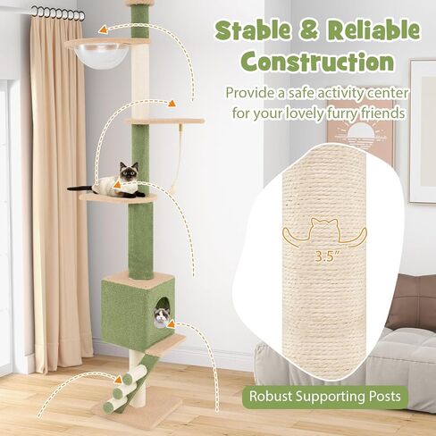 Tangkula Floor to Ceiling Cat Tree, 5 Tier Tall Cat Tower with 86"-99.5" Adjustable Height, Extra Replaceable Post, Tension Cat Tree with Space Capsule, Condo, Sisal Scratching Posts & Rope, Ladder in Saudi Arabia