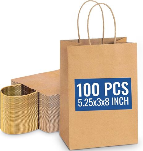 SNH Packing 100 Pcs 5.25x3x8 Inch Kraft Paper Gift Bags with Handles Brown Grocery Bag Small Size Ideal bags for small business, Party Favor, Bulk Retail & Shopping in Saudi Arabia