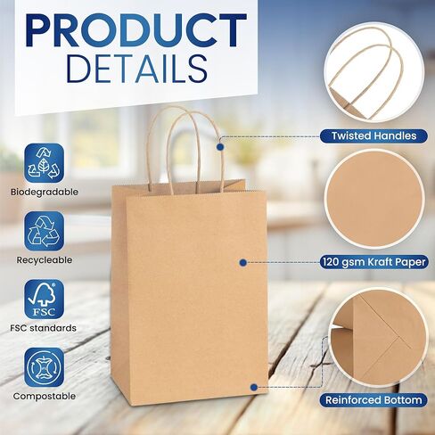 SNH Packing 100 Pcs 5.25x3x8 Inch Kraft Paper Gift Bags with Handles Brown Grocery Bag Small Size Ideal bags for small business, Party Favor, Bulk Retail & Shopping in Saudi Arabia