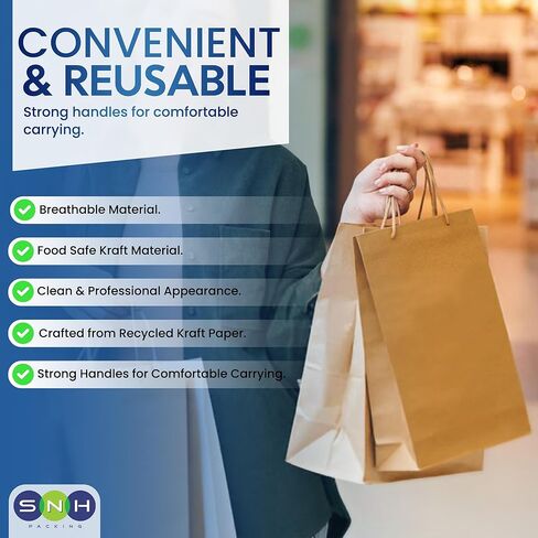 SNH Packing 100 Pcs 5.25x3x8 Inch Kraft Paper Gift Bags with Handles Brown Grocery Bag Small Size Ideal bags for small business, Party Favor, Bulk Retail & Shopping in Saudi Arabia