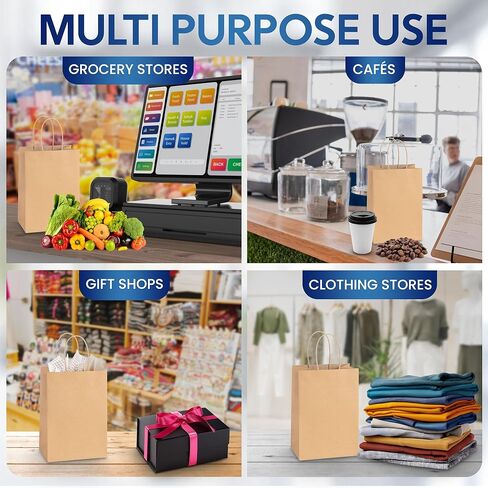 SNH Packing 100 Pcs 5.25x3x8 Inch Kraft Paper Gift Bags with Handles Brown Grocery Bag Small Size Ideal bags for small business, Party Favor, Bulk Retail & Shopping in Saudi Arabia