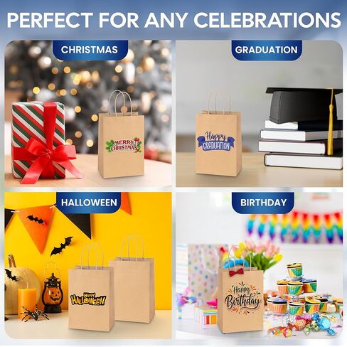 SNH Packing 100 Pcs 5.25x3x8 Inch Kraft Paper Gift Bags with Handles Brown Grocery Bag Small Size Ideal bags for small business, Party Favor, Bulk Retail & Shopping in Saudi Arabia