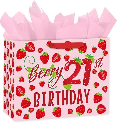 Loveinside 13" Large Berry 1st Birthday Gift Bag, Sweet Pink Strawberry Theme Gift Bag with Tissue Paper for Baby Girl First Birthday, New Born Baby Shower, Party Favor, 13" x 5" x 10", 1 Pcs in Saudi Arabia