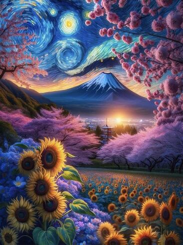 Pixendra Mount Fuji Diamond Art Kits للبالغين، 5D عباد الشمس ساكورا الماس مجموعات الطلاء للمبتدئين، DIY الحفر الكامل النقاط جوهرة الفن الطلاء لديكور جدار المنزل 12 × 16 بوصة in Kuwait