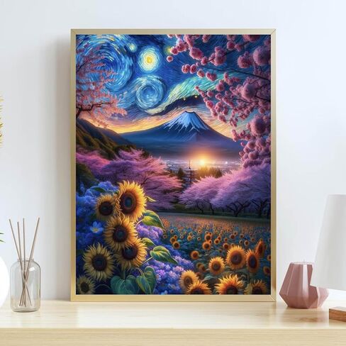 Pixendra Mount Fuji Diamond Art Kits للبالغين، 5D عباد الشمس ساكورا الماس مجموعات الطلاء للمبتدئين، DIY الحفر الكامل النقاط جوهرة الفن الطلاء لديكور جدار المنزل 12 × 16 بوصة in Kuwait