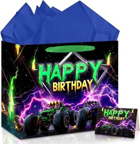 حقيبة هدايا عيد ميلاد شاحنة مونستر من جوكوبويرتو - حقيبة هدايا عيد ميلاد سعيد كبيرة جدًا مقاس 16.5 بوصة مع مناديل ورقية وبطاقة للأولاد والأطفال لوازم الحفلات التي تحمل طابع الشاحنة in Kuwait