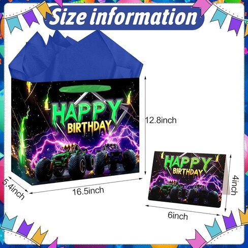 حقيبة هدايا عيد ميلاد شاحنة مونستر من جوكوبويرتو - حقيبة هدايا عيد ميلاد سعيد كبيرة جدًا مقاس 16.5 بوصة مع مناديل ورقية وبطاقة للأولاد والأطفال لوازم الحفلات التي تحمل طابع الشاحنة in Kuwait