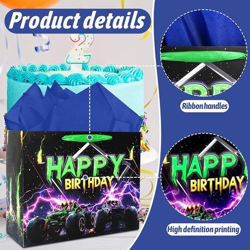 حقيبة هدايا عيد ميلاد شاحنة مونستر من جوكوبويرتو - حقيبة هدايا عيد ميلاد سعيد كبيرة جدًا مقاس 16.5 بوصة مع مناديل ورقية وبطاقة للأولاد والأطفال لوازم الحفلات التي تحمل طابع الشاحنة in Kuwait