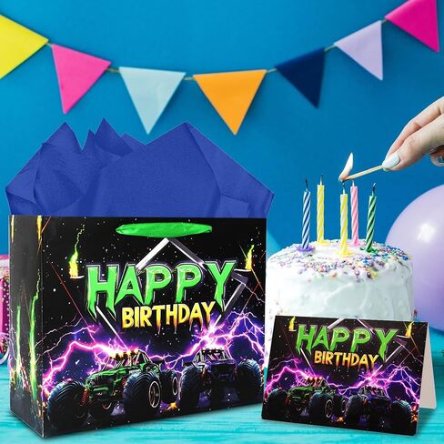 حقيبة هدايا عيد ميلاد شاحنة مونستر من جوكوبويرتو - حقيبة هدايا عيد ميلاد سعيد كبيرة جدًا مقاس 16.5 بوصة مع مناديل ورقية وبطاقة للأولاد والأطفال لوازم الحفلات التي تحمل طابع الشاحنة in Kuwait