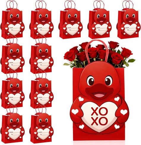 ForraFun 12 Pcs Valentine's Day Rubber Duck Gift Bags Bulk Funny Valentines Gifts for Kids Classroom Exchange Valentines Day Floral Bags with Handles for Valentine's School Class Party Favor Supplies in Kuwait