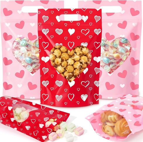 AmazingSpark 100 Pcs Heart Window Treat Bags with Handles, Resealable Plastic Goodie Bags for Wedding Favors, Bridal Shower, Mother's Day Gifts, Cookies Candy Snacks in Saudi Arabia