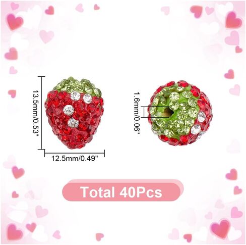 arricraft 40 Pcs Strawberry Rhinestone Beads, 3D Handmade Polymer Clay Red Green Fruit Beads Pave Disco Ball Beads Half Drill Spacer Beads for Bracelet Necklace Jewelry Making in Kuwait