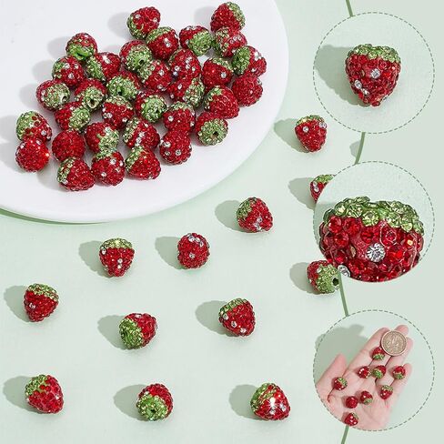 arricraft 40 Pcs Strawberry Rhinestone Beads, 3D Handmade Polymer Clay Red Green Fruit Beads Pave Disco Ball Beads Half Drill Spacer Beads for Bracelet Necklace Jewelry Making in Kuwait