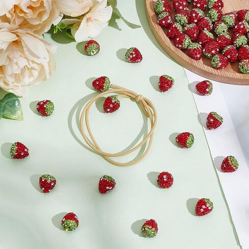 arricraft 40 Pcs Strawberry Rhinestone Beads, 3D Handmade Polymer Clay Red Green Fruit Beads Pave Disco Ball Beads Half Drill Spacer Beads for Bracelet Necklace Jewelry Making in Kuwait