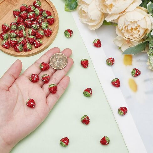 arricraft 40 Pcs Strawberry Rhinestone Beads, 3D Handmade Polymer Clay Red Green Fruit Beads Pave Disco Ball Beads Half Drill Spacer Beads for Bracelet Necklace Jewelry Making in Kuwait