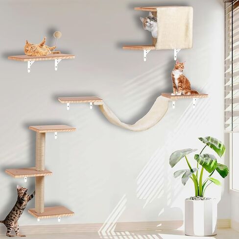 Cat Shelves for Wall，Solid Wood Cat Wall Furniture with Scratching Post,Hammock,Jumping Boards,Steps,Condo and Felt Pads, Suit for Cats Climb, Jump, Nap, Scratch-Beige in Kuwait