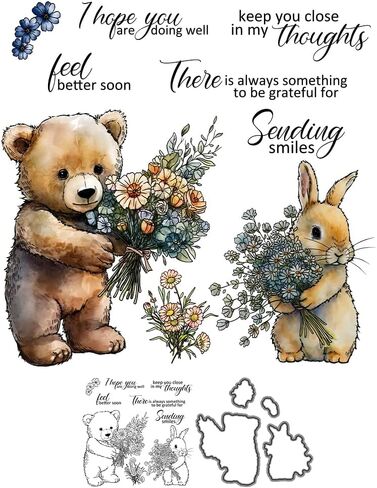 Cute Doll Bear and Rabbit Hoding Flowers Clear Stamps and Dies Set for Card Making DIY Scrapbooking Supplies Silicone Stamps and Metal Cut Dies for Paper Albums Crafts in Saudi Arabia