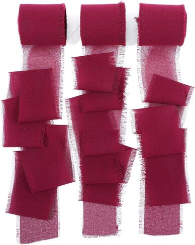 TIESOME Burgundy Handmade Chiffon Ribbon,1.5Inch x 3 Rolls Total 21 Yards Fringe Chiffon Silk Ribbon for Wrapping Wedding Invitations Bridal Bouquets DIY Crafts Home Decor and More in Saudi Arabia