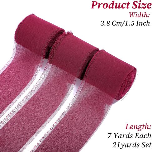 TIESOME Burgundy Handmade Chiffon Ribbon,1.5Inch x 3 Rolls Total 21 Yards Fringe Chiffon Silk Ribbon for Wrapping Wedding Invitations Bridal Bouquets DIY Crafts Home Decor and More in Saudi Arabia