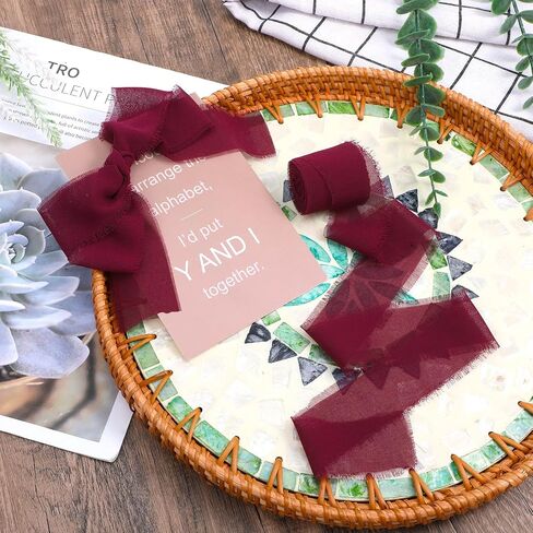 TIESOME Burgundy Handmade Chiffon Ribbon,1.5Inch x 3 Rolls Total 21 Yards Fringe Chiffon Silk Ribbon for Wrapping Wedding Invitations Bridal Bouquets DIY Crafts Home Decor and More in Saudi Arabia