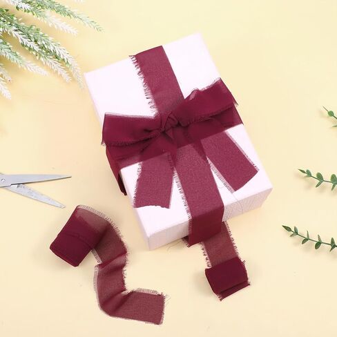 TIESOME Burgundy Handmade Chiffon Ribbon,1.5Inch x 3 Rolls Total 21 Yards Fringe Chiffon Silk Ribbon for Wrapping Wedding Invitations Bridal Bouquets DIY Crafts Home Decor and More in Saudi Arabia