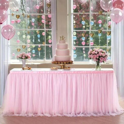 1PC Ruffled Tulle Table Skirt for Party & Wedding - Rect/Round, Easy Assemble, Reusable & Washable, Light Powder in Saudi Arabia