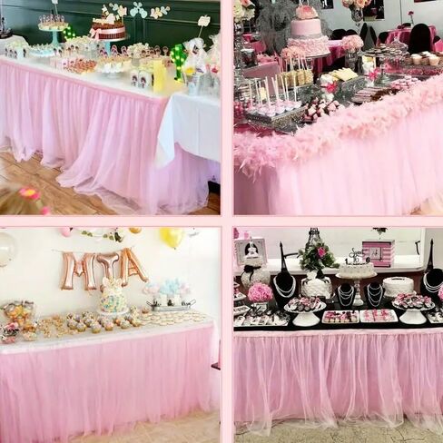 1PC Ruffled Tulle Table Skirt for Party & Wedding - Rect/Round, Easy Assemble, Reusable & Washable, Light Powder in Saudi Arabia