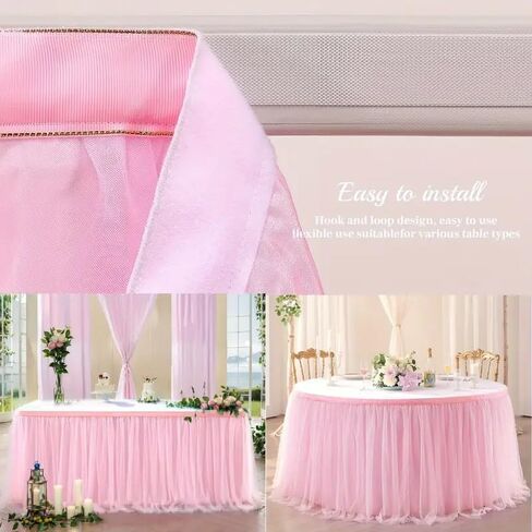 1PC Ruffled Tulle Table Skirt for Party & Wedding - Rect/Round, Easy Assemble, Reusable & Washable, Light Powder in Saudi Arabia