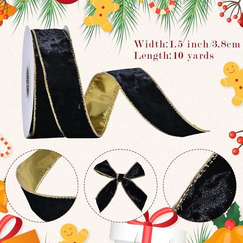 Ribest Black Velvet Wired Ribbon 1 1/2 Inch with Gold Edge for Christmas Tree Gift Wrapping Crafts Wreath Decoration Bow Making 10 Yards in Kuwait