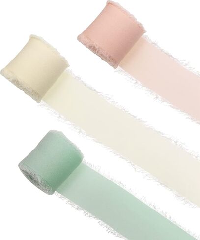 ONLYKXY 3Roll 15YD Chiffon Ribbon 1.5" Cream/Pink/Mint Green Handmade Fringe Edges Fabric Ribbons for Wedding Invitations Bridal Bouquets Gifts Wrapping DIY Crafts Silk Decorative Ribbon（5yard/roll） in Saudi Arabia